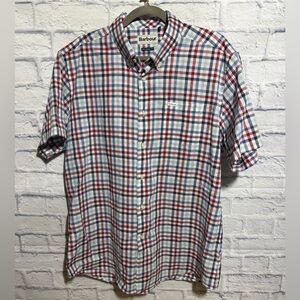 Barbour Men's Plaid Short Sleeve Shirt in Red, White, and Blue, Size Large